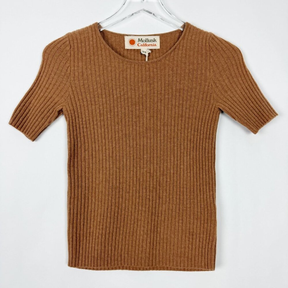 NWT Mollusk California Ribbed Knit Sweater Tee Women's Size XS Fawn Merino Wool
